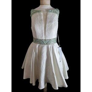 New RACHEL ALLAN White Sequin HOCO Prom Dress Sz 16 Knee Length Pockets Floral